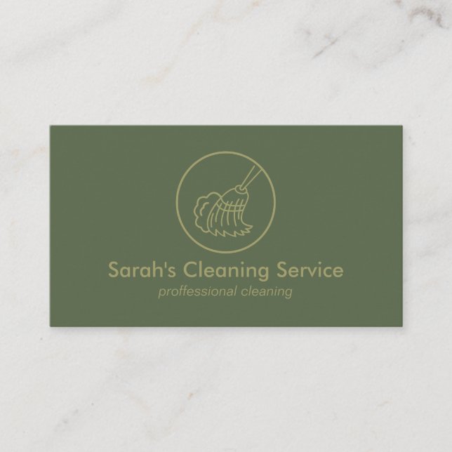 Sage green Janitorial Broom House Cleaning Business Card (Front)