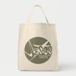 Sage Green Jesus Saves Graffiti Tote Bag
