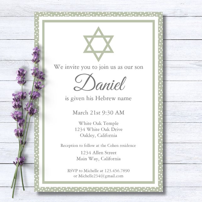 Sage Green Jewish Baby Naming Ceremony Brit Milah Invitation (Creator Uploaded)