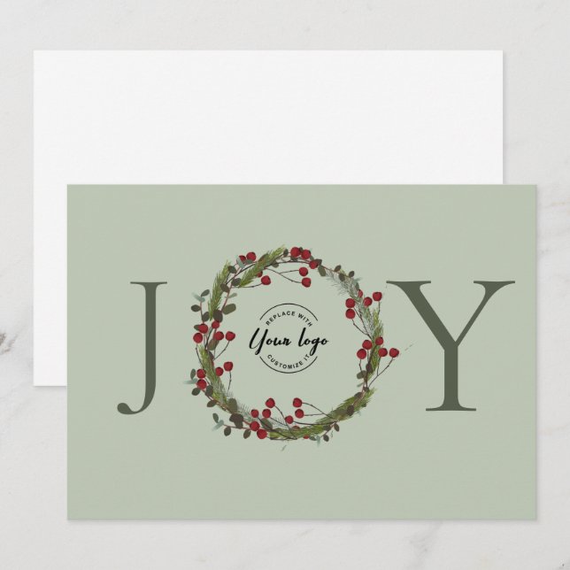 Sage Green JOY Christmas Wreath Logo Personalised Holiday Card (Front/Back)