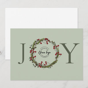Sage Green JOY Christmas Wreath Logo Personalised Holiday Card
