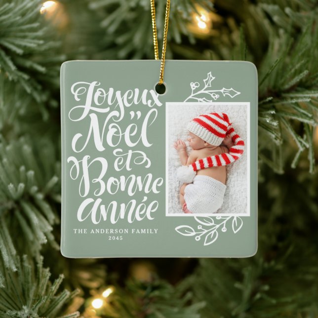Sage Green Joyeux Noël and Bonne Année Photo Ceramic Ornament (Tree)