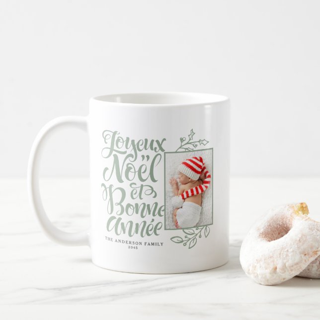 Sage Green Joyeux Noël and Bonne Année Photo Coffee Mug (With Donut)