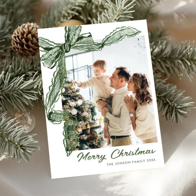 Sage Green Lace Christmas Bow Ribbon 2 Photo Holiday Card (Creator Uploaded)