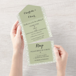 Sage Green Lace Classic Wedding All In One Invites