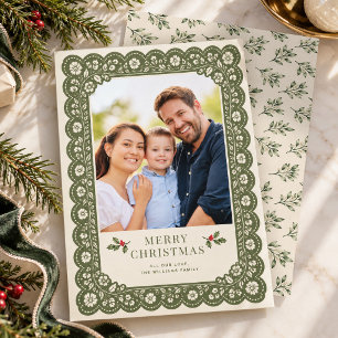 Sage Green Lace Floral Family Photo Christmas Holiday Card