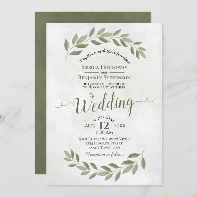 Sage Green Laurel Leaves Simple Watercolor Wedding Invitation (Front/Back)