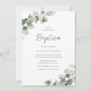 Sage Green Leaf Modern Boy or Girl Baptism Invitation