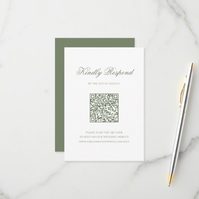 Sage Green Leaf Monogram Crest QR Code Wedding RSVP Card (Front/Back In Situ)