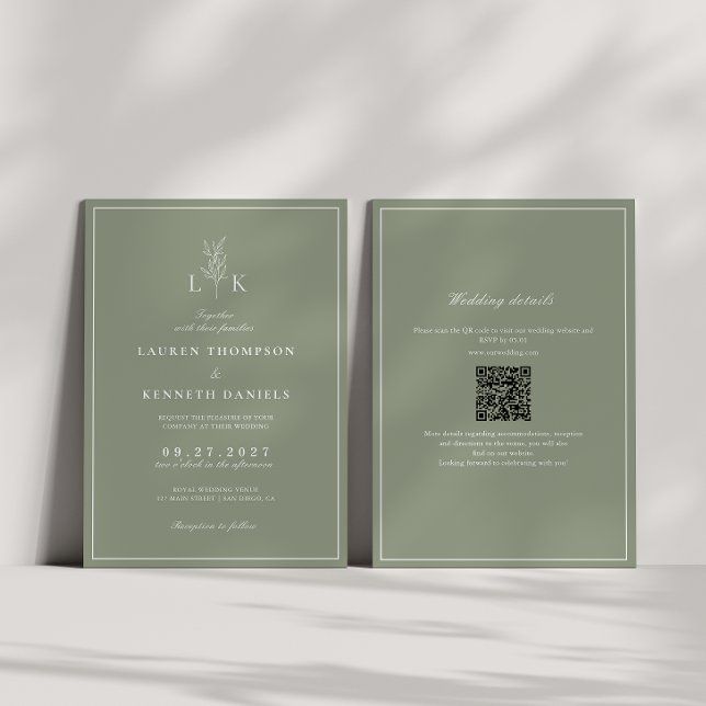 Sage Green Leaf Monogram QR Code Wedding Invitation (Creator Uploaded)