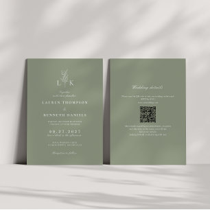 Sage Green Leaf Monogram QR Code Wedding Invitation