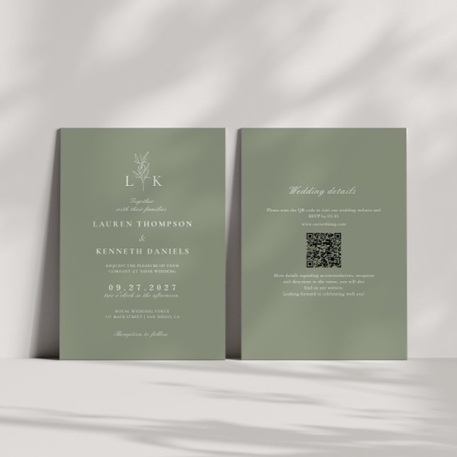 Sage Green Leaf Monogram QR Code Wedding Invitation (Creator Uploaded)