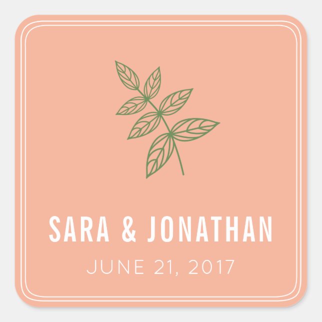 Sage Green Leaf on Coral Wedding Square Sticker (Front)