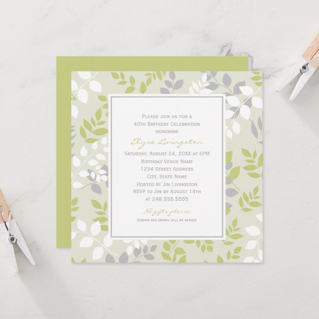 Sage Green Leaf Pattern Birthday Invitation (Front/Back In Situ)