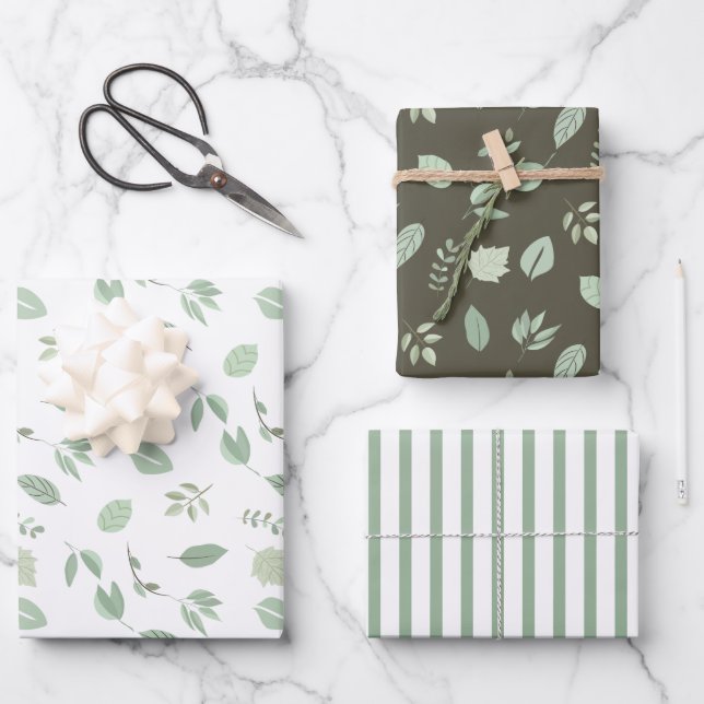 Sage Green Leaf Pattern | Stripes Pattern Wrapping Paper Sheet (Front)