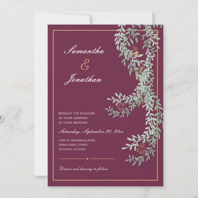 Sage Green Leaf Vines | Cranberry Coloured Wedding Invitation (Front)
