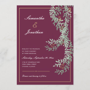 Sage Green Leaf Vines   Cranberry Coloured Wedding Invitation