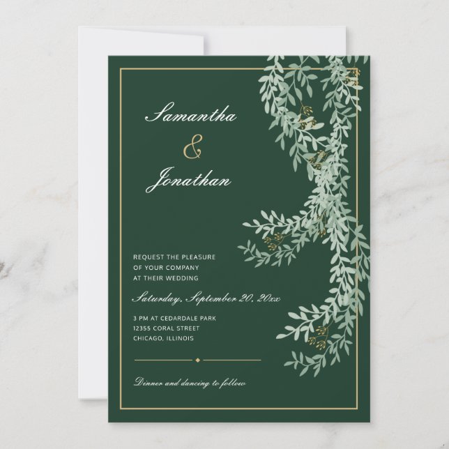 Sage Green Leaf Vines | Emerald Green Wedding Invitation (Front)