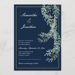 Sage Green Leaf Vines   Navy Blue Wedding Invitation