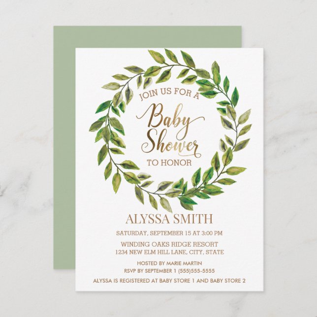 Sage Green Leaf Wreath White Gold Baby Shower Invitation (Front/Back)