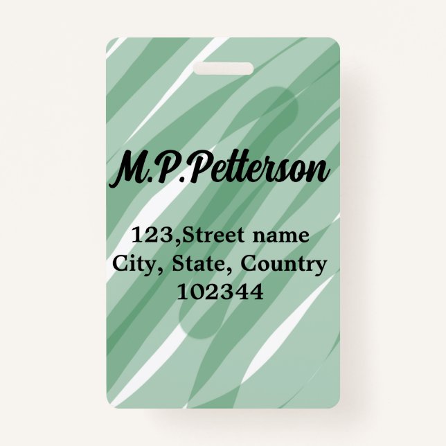 Sage green leafy add name address text pattern boh ID badge (Front)