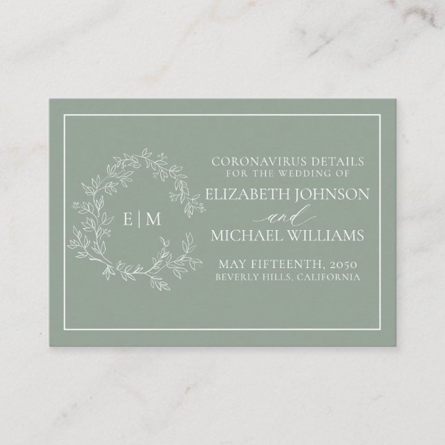 Sage Green Leafy Crest Monogram Coronavirus Detail Enclosure Card (Front)