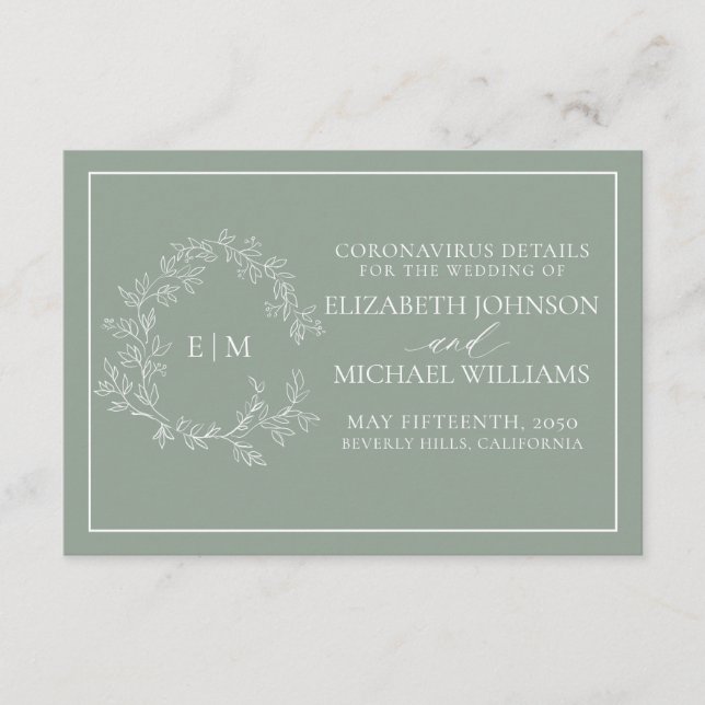 Sage Green Leafy Crest Monogram Coronavirus Detail Enclosure Card (Front)