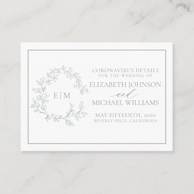 Sage Green Leafy Crest Monogram Coronavirus Detail Enclosure Card (Front)