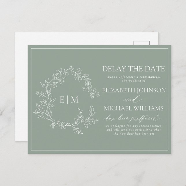 Sage Green Leafy Crest Monogram Delay The Date Inv Invitation Postcard (Front/Back)