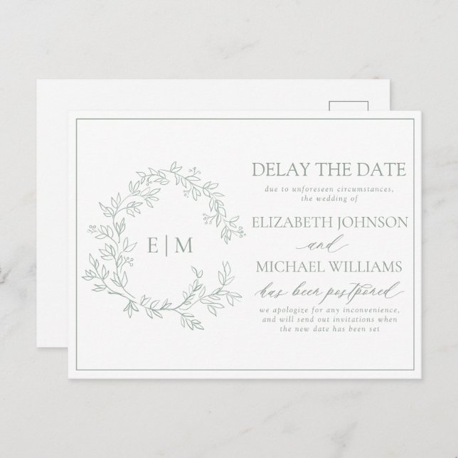 Sage Green Leafy Crest Monogram Delay The Date Invitation Postcard (Front/Back)