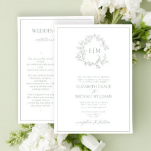 Sage Green Leafy Crest Monogram Details Wedding Invitation