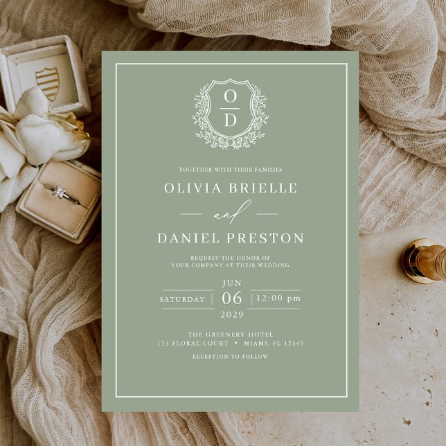 Sage Green Leafy Crest Monogram Elegant Wedding Invitation (Creator Uploaded)