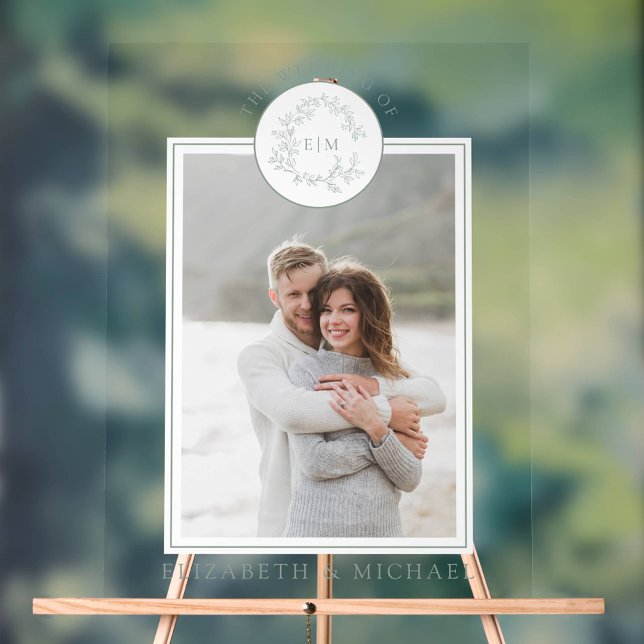 Sage Green Leafy Crest Monogram Photo Wedding Acrylic Sign (Wedding Sign!)