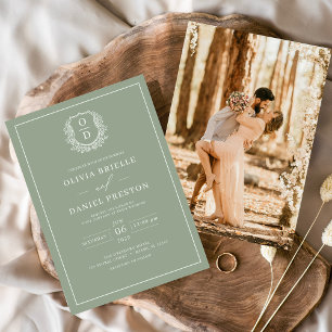 Sage Green Leafy Crest Monogram Photo Wedding Invitation