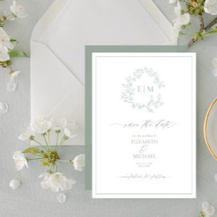 Sage Green Leafy Crest Monogram Save the Date Invitation