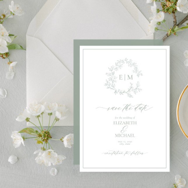 Sage Green Leafy Crest Monogram Save the Date Invitation (Creator Uploaded)