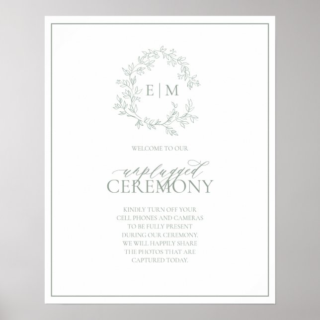 Sage Green Leafy Crest Monogram Unplugged Wedding  Poster (Front)