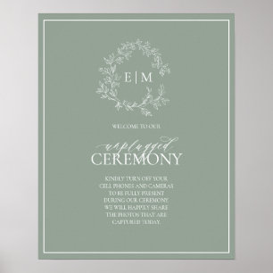 Sage Green Leafy Crest Monogram Unplugged Wedding Poster