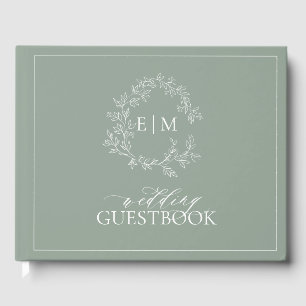 Sage Green Leafy Crest Monogram Wedding Guest Book