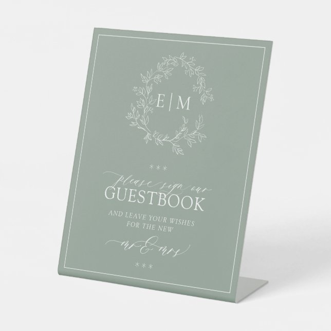 Sage Green Leafy Crest Monogram Wedding Guestbook  Pedestal Sign (Front)