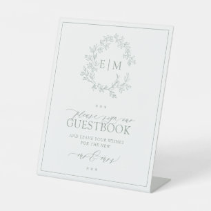 Sage Green Leafy Crest Monogram Wedding Guestbook  Pedestal Sign
