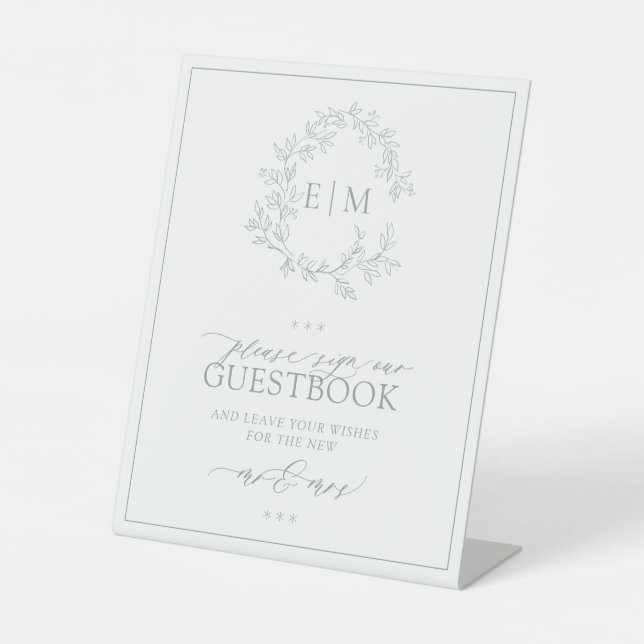 Sage Green Leafy Crest Monogram Wedding Guestbook  Pedestal Sign (Front)