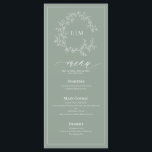 Sage Green Leafy Crest Monogram Wedding Menu<br><div class="desc">Create the perfect reception setting! We're loving this trendy, modern sage green 4"x 9" wedding menu! Simple, elegant, and oh-so-pretty, it features a hand drawn leafy wreath encircling a modern wedding monogram. It is personalised in elegant typography, and accented with hand-lettered calligraphy. Finally, it is trimmed in a delicate frame....</div>