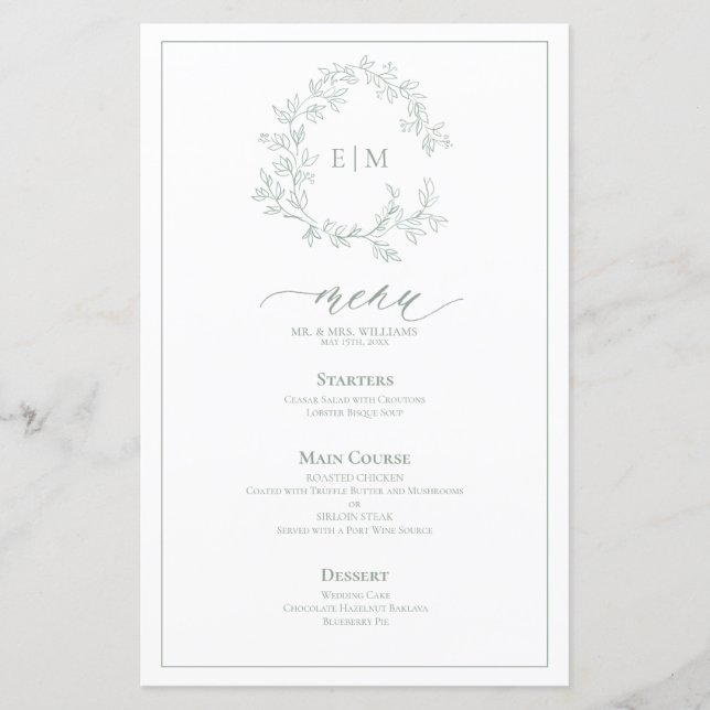 Sage Green Leafy Crest Monogram Wedding Menu (Front)
