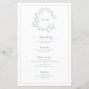 Sage Green Leafy Crest Monogram Wedding Menu