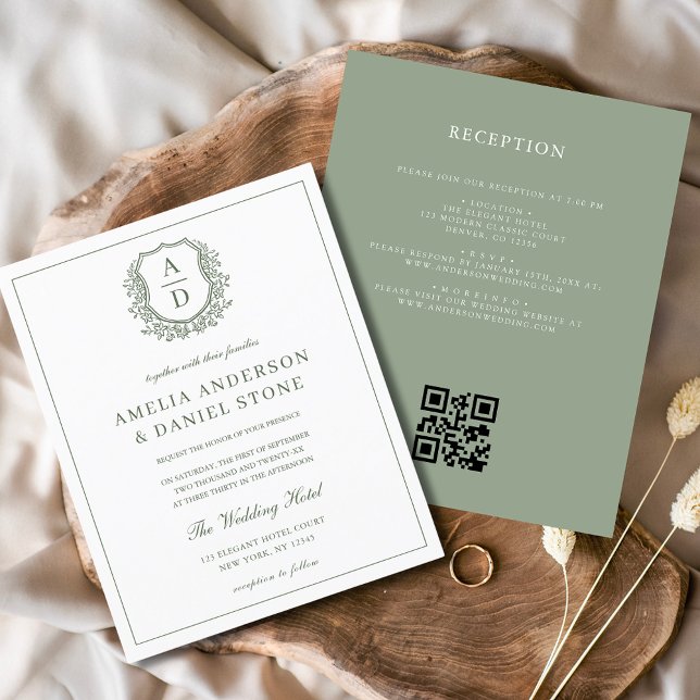 Sage Green Leafy Crest Monogram Wedding QR Code Flyer (Creator Uploaded)