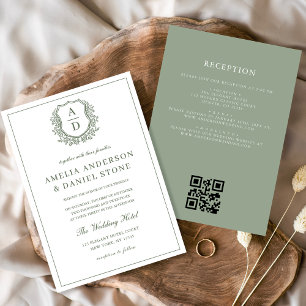 Sage Green Leafy Crest Monogram Wedding QR Code Invitation