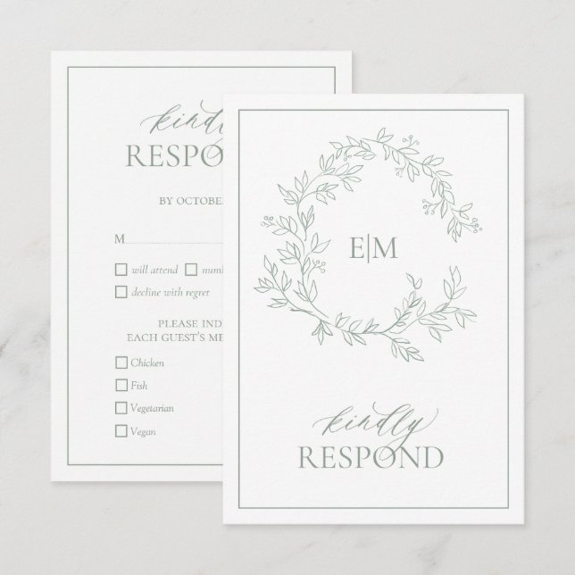 Sage Green Leafy Crest Monogram Wedding RSVP Card (Front/Back)