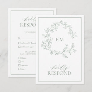 Sage Green Leafy Crest Monogram Wedding RSVP Card