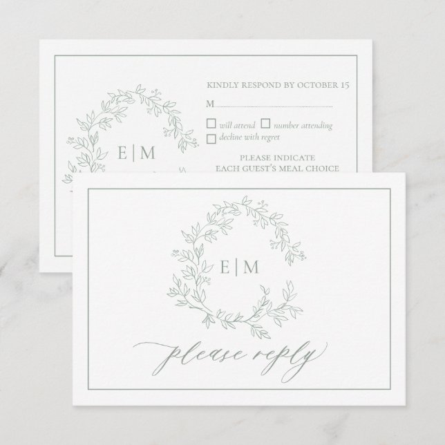 Sage Green Leafy Crest Monogram Wedding RSVP Card (Front/Back)